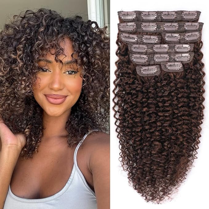 Chocolate Brown Kinky Curly Clip Ins 12 Inch 3C 4A Curly Clip In Hair Extension Real Human Hair Brazilian Remy Human Hair Extensions Double Weft 8Pcs 110g Natural Black