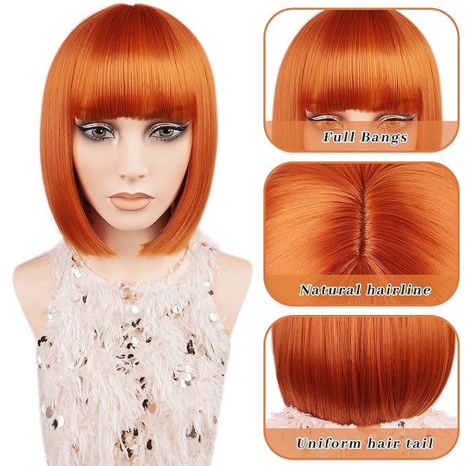 MAYSA Ginger Bob Wig with Bangs for White Women Short Blonde Bob Wig 12in Synthetic Daily Party Natural Looking Wigs # Ginger