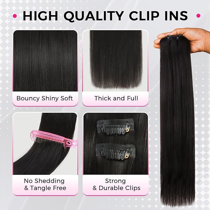 Lashey Invisi Edge Clip in Hair Extensions 16 Inch 110g 7pcs Injected Seamless PU Clip in Hair Extensions Virgin Human Hair, Natural Black Yaki Straight Hair