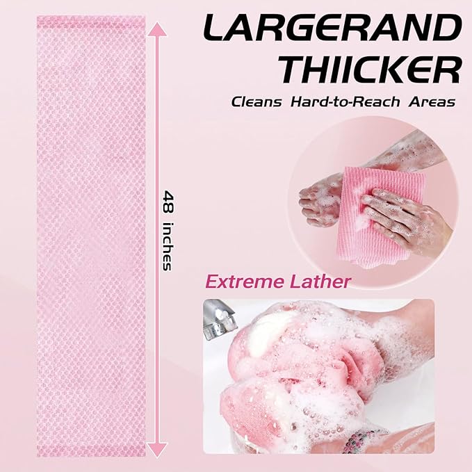 BLISSAL Exfoliating Shower Towel 47", Advanced Exfoliating Microfiber Towel, Premium Scrub Bathroom Towel Set for Smooth Skin, Quick Drying Durable and Gentle for Sensitive Skin (Black+Pink)