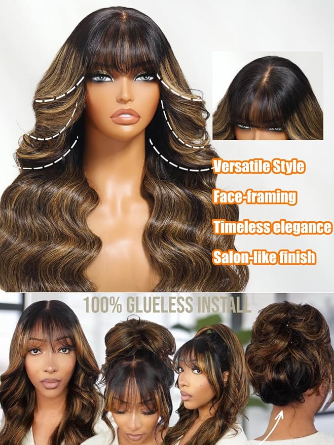 Julia Hair Pre Everything Glueless 13x4 HD Lace Front Wigs Human Hair Pre Plucked Pre Cut Balayage Highlight Body Wave Curtain Bangs Bye Bye Knots Drawstring Wigs Ready to Wear Frontal Wig 22 Inch