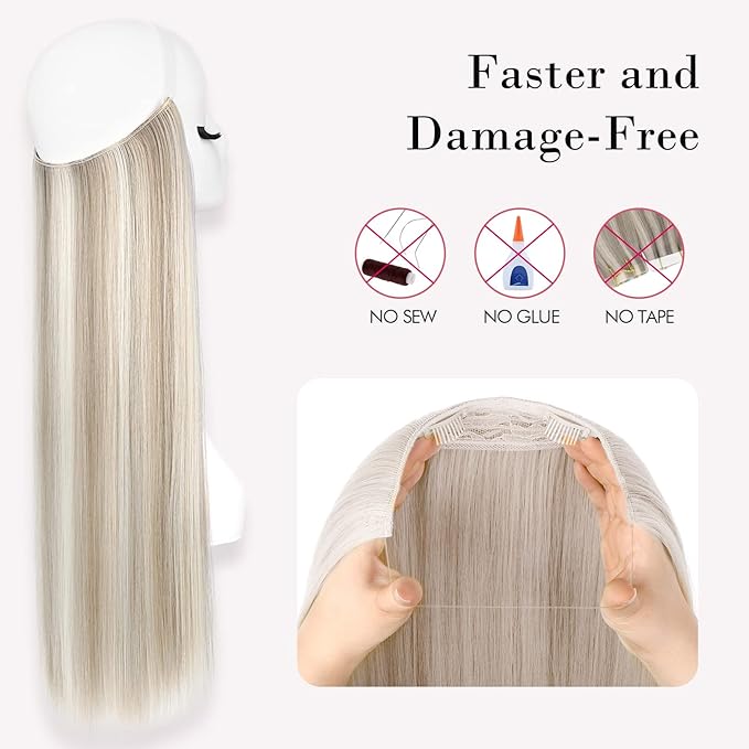 REECHO Invisible Wire Hair Extensions with Transparent Headband Adjustable Size Removable Secure Clips in Straight Secret Hairpiece for Women (24 Inch (Pack of 1), Ash Brown with Platium Highlights)
