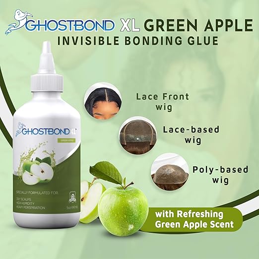 GHOSTBOND XL Hair Replacement Adhesive - 5oz - Invisible Bonding Wig Glue: Extra Moisture Control - Water & Oil-Resistant, Light Hold for Poly and Lace Hairpiece, Wig, Toupee Systems, (Green Apple)