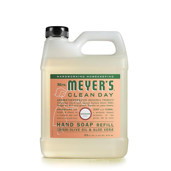 MRS. MEYER'S CLEAN DAY Hand Soap Refill, Made with Essential Oils, Geranium, 33 fl. oz