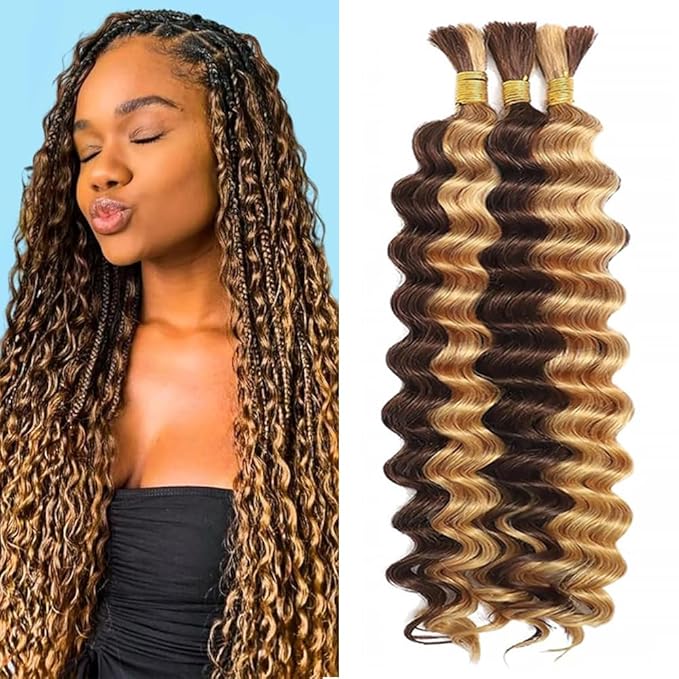 Highlight Deep Wave Bulk Human Hair for Braiding 24 inch Wet and Wavy Boho Bulk Human Hair for Braiding Knotless No Weft 150g