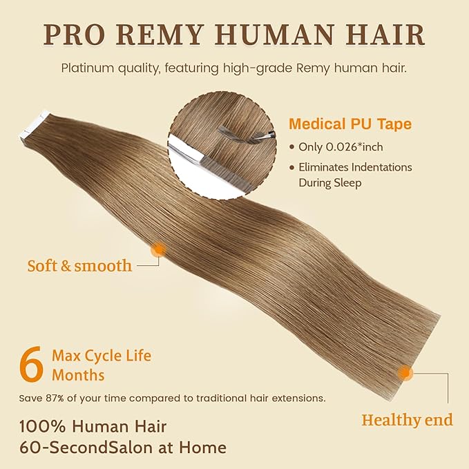 DNE Tape in Hair Extensions Real Human Hair 18inches 20Pcs/50g/Pack Seamless #M4/27Chocolate Brown to Honey Blonde Straight Invisible Double Sided Tape in Hair Extensions for Women/Girls