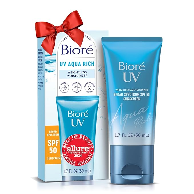 Biore UV Aqua Rich Daily Hydrating Facial Moisturizer with SPF 50 Oil Free Sunscreen & Primer for Makeup with Hyaluronic Acid, No White Cast, Non-Comedogenic, For Sensitive Skin, PA++++, 1.7 Oz
