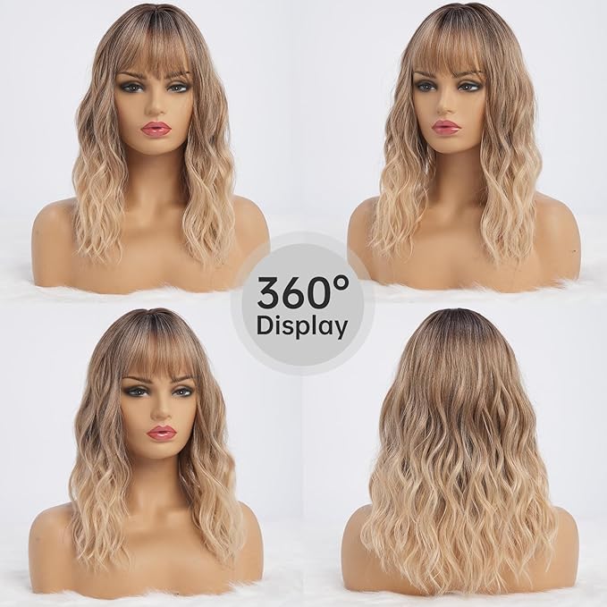 Wavy Long Ombre Blonde Wigs with Bangs for Women Medium Middle Length Blond Wig Synthetic with Water Wave Fringe Womens Heat Resistant Hair Wig for Daily Party Use (16inch)