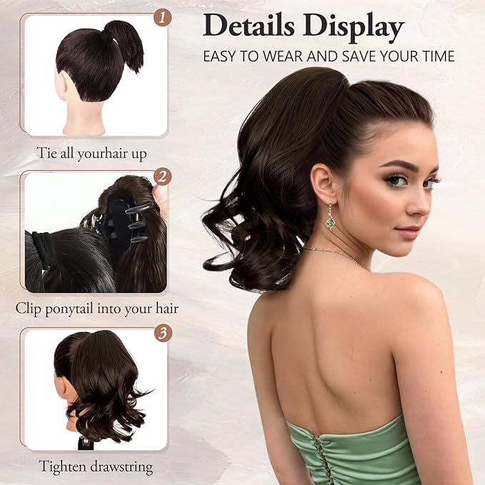 Ponytail Extension,12" Claw Clip in Ponytail Extensions Curly Wavy Ponytail Hair Extension Jaw Clip on Pony Tails Hairpiece for Women - Ligjt Brown8#