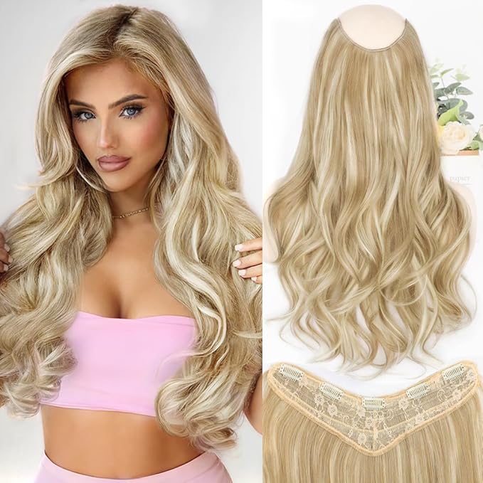 ALXNAN Long Wavy Hair Extensions for Women, Clip in Hair Extensions Clip Ins Soft Full Head Synthetic Hairpieces 20 Inch Light Brown mix Golden Blonde