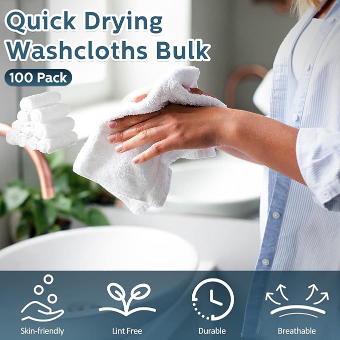 Newwiee 100 Pcs Washcloths Bulk Quick Drying Bathroom Wash Clothes 12 x 12 Inch Face Towels Microfiber Soft Hand Towel for Your Body Spa Fingertip(White)
