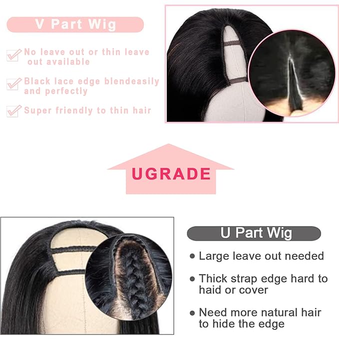 V Part Wig Human Hair Kinky Straight Human Hair Wigs Upgrade U Part Human Hair Wig for Women No Leave Out No Sew In 200% Density Natural Color 20 Inch