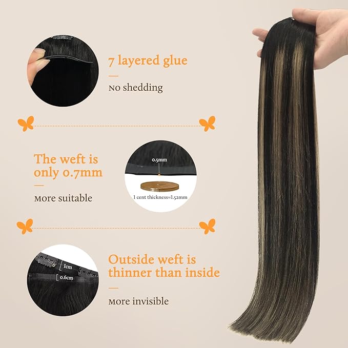 DOORES Clip in Hair Extensions, 7pcs 18 Inch 110g Balayage Natural Black to Light Blonde, Seamless Human Hair Extensions Seamless Clip Remy Hair Straight Hair Extensions Invisi Edge Hair Extensions