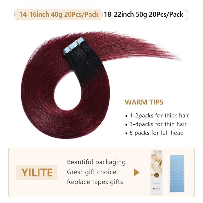 YILITE 18in T1/99J Ombre Tape-in Hair Extensions - Jet Black to Red, 20pcs 50g, Human Hair, Natural