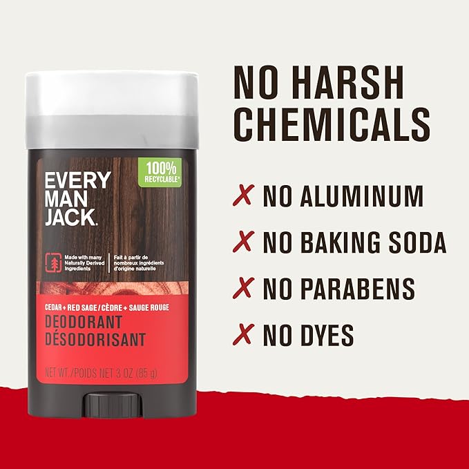 Every Man Jack Cedar + Red Sage Men’s Deodorant - Stay Fresh with Aluminum Free Deodorant For all Skin Types - Odor Crushing, Long Lasting, with Naturally Derived Ingredients - 3oz (2 Pack)