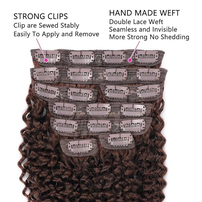 Chocolate Brown Kinky Curly Clip Ins 18 Inch 3C 4A Curly Clip In Hair Extension Real Human Hair Brazilian Remy Human Hair Extensions Double Weft 8Pcs 110g Natural Black