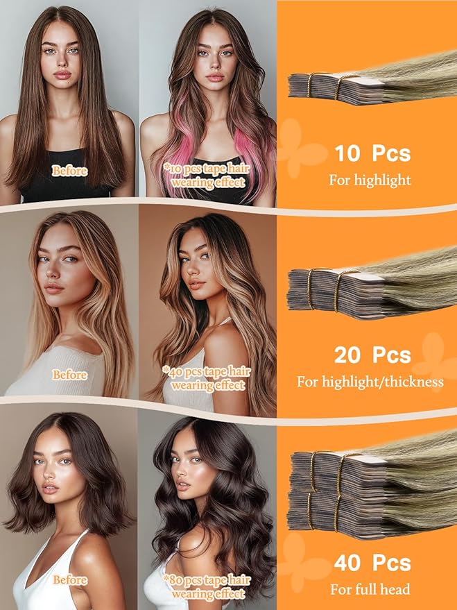 DOORES Hair Extensions Tape in, Balayage Ash Blonde to Golden Blonde and Platinum Blonde 60g 20pcs 26 Inch, Tape in Human Hair Extensions Real Hair Extensions Straight Hair