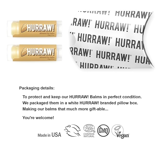 Hurraw! Almond Lip Balm, 2 Pack: Organic, Certified Vegan, Cruelty and Gluten Free. Non-GMO, 100% Natural Ingredients. Bee, Shea, Soy and Palm Free. Made in USA