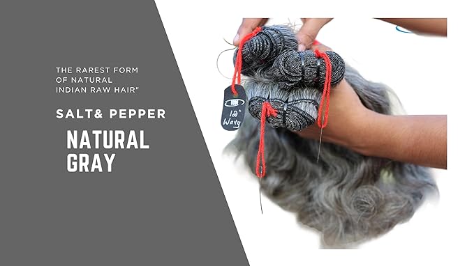 Salt & Pepper/Natural Gray-100% Natural Indian Virgin Raw Hair Extensions.Natural color unprocessed and not treated with any kind of chemicals (12" Wavy Salt and Pepper)