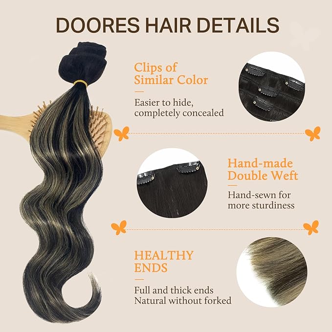 DOORES Hair Extensions Clip in Human Hair, Balayage Natural Black to Light Blonde 18 Inch 120g 7pcs Remy Clip in Human Hair Extensions Straight