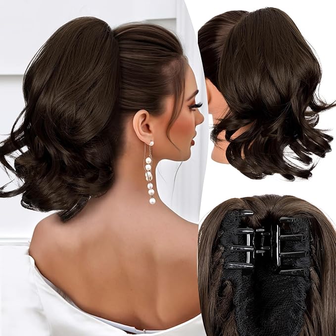 Ponytail Extension,12" Claw Clip in Ponytail Extensions Curly Wavy Ponytail Hair Extension Jaw Clip on Pony Tails Hairpiece for Women - Ligjt Brown8#