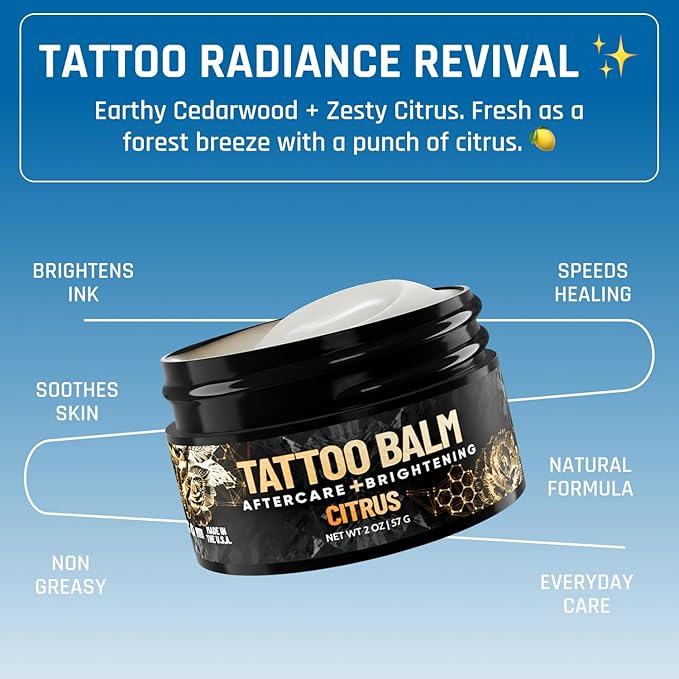 Derm Dude Tattoo Aftercare Brightening Balm | Moisturizing Balm to Heal Protect & Rejuvenate New & Existing Tattoos | Non-Greasy Formula with Dragon's Blood, Shea Butter & St John's Wort, Citrus 2oz