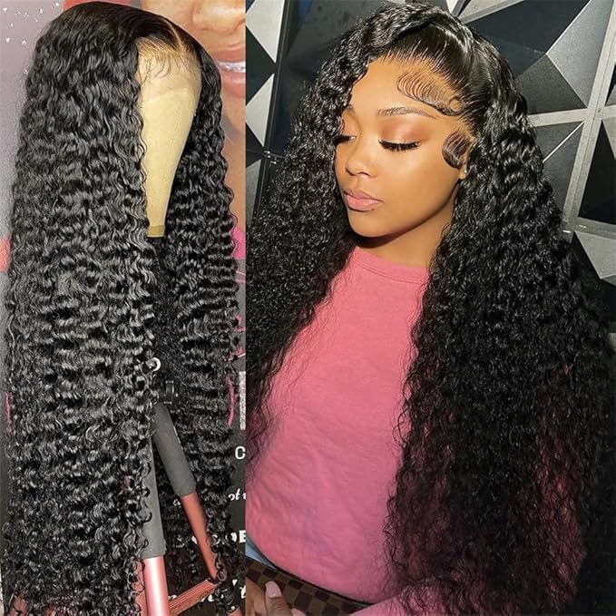 13x4 HD Transparent Lace Front Wigs Human Hair Pre plucked Bleached Knots with Baby Hair Brazilian Virgin Deep Wave Frontal Wigs for Black Women Natural Hairline 24 inch