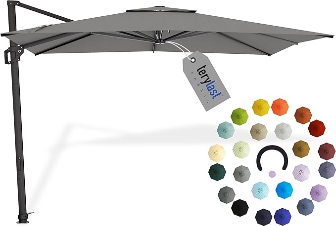 Midtown Umbrellas The Grande Square 9 x 9 FT Outdoor Cantilever Patio Umbrella w/Terylast Charcoal Grey Polyester Fabric - 8 Rib Aluminum Frame Offset w/Tilt & 360° Rotate Pedal System - Black Frame