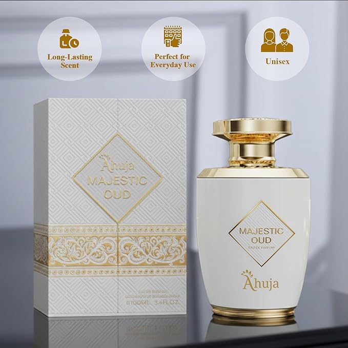 AHUJA Majestic Oud Eau De Parfum 3.4 fl oz – Unisex Perfume for Men & Women, Long Lasting Luxury Fragrance with Oud, Vanilla, Raspberry, Rose, Peony, Patchouli & Woody Notes – Elegant Gift Scent