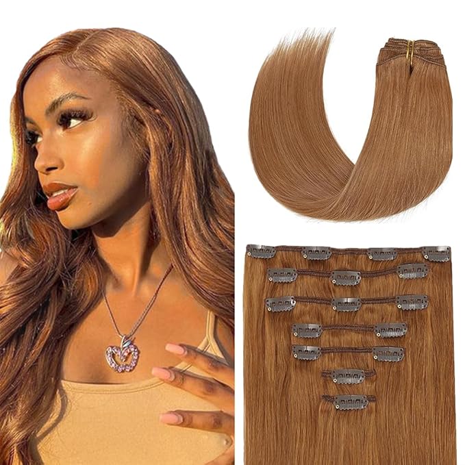 18 Inch #30 Brown Clip in Hair Extensions - Real Remy Human Hair, 120g 7pcs, Brown Human Hair Extensions Clip ins for Women
