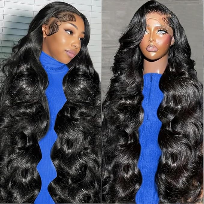 32 Inch 13x6 Lace Front Wigs Human Hair Pre Plucked 200% Density Body Wave Lace Front Glueless Wig human hair with Baby Hair for Women Natural Black