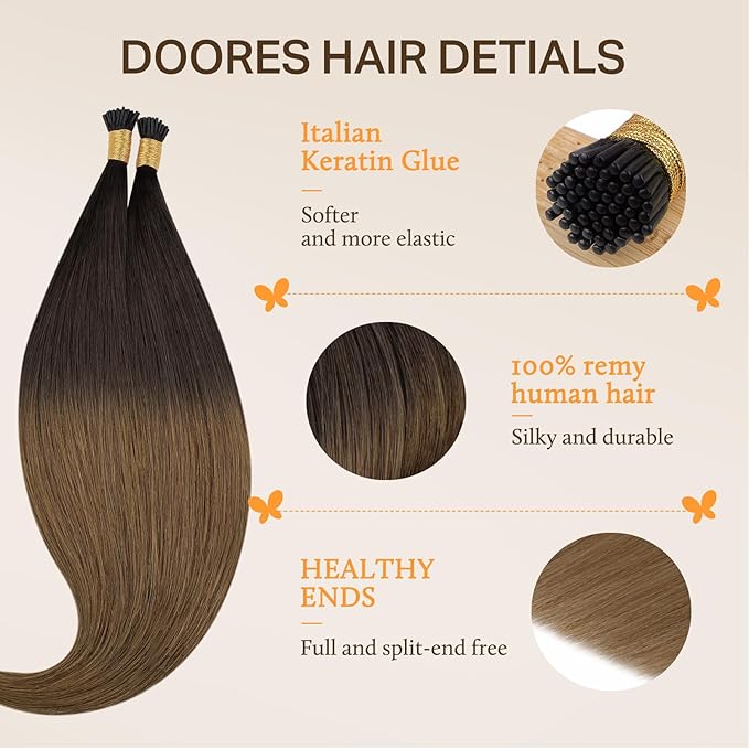 Doores I Tip Extensions, Chocolate Dip Color Melt 22 Inch 100g/100s, Remy Hair Extensions, I Tip Hair Extensions