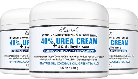 Ebanel Urea Cream 40% plus Salicylic Acid 2%, Foot Cream for Dry Cracked Heels Feet Knees Elbows Hands, Foot Dead Skin Cuticle Callus Remover Toenail Softener, Keratolytic Skin Barrier Repair, 3-Pack