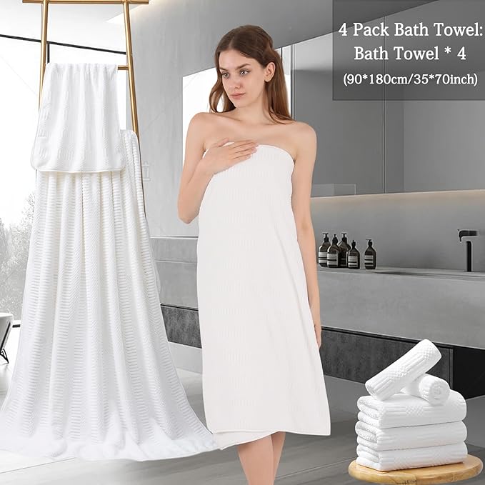 Ycosy 4 Pack Extra Large Microfiber Bath Towels Set,35x70 inches,600GSM,Less Lint Highly Absorbent Super Soft & Quick Dry,Oversized Bath Towels,Perfect for Bathroom Gym Pool,White