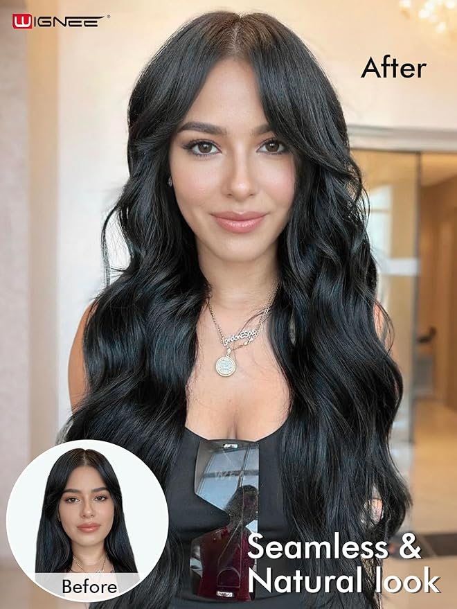 WIGNEE New Double Layered PU OVO Hair Extensions Natural Black Straight Human Hair weft with beads 100% Real Human Hair Extensions 20 Inch Seamless Micro Beads Human Hair Extensions Glueless (1B)