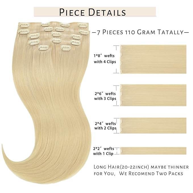 Caliee Platinum Blonde Clip-in Hair Extensions 60A 22Inch 110G Full Head Seamless Real Human Hair Extensions 7Pcs Fluffy Not Tangled Thick Clip-on Extensions Natural Hair for Women