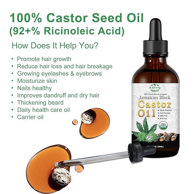 Organic Jamaican Black Castor Oil in Glass Bottle Cold Pressed Hexane Free, 100% Pure Natural Hair Strengthening Oil, Black Castor Oi for Hair Growth Eyelashes Eyebrows (2oz/60ml)