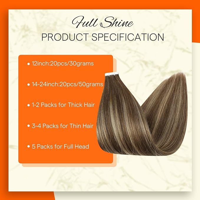 Full Shine Seamless Tape in Hair Extensions Human Hair Color 4/24/4 Medium Brown to Honey Blonde 14Inch Invisible Human Hair Extensions Tape in 20Pcs 50Gram Double Sided Tape in Hair Extensions