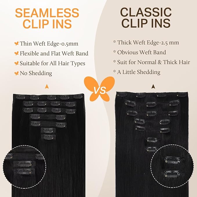 DOORES Clip in Hair Extensions Real Human Hair Invisible Edge, Jet Black 130g 7pcs 18 Inch Clip in Extensions, Natural Straight Weft for Women