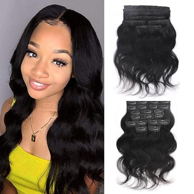 Body Wave Clip ins 14 Inch 8Pcs 110g Body Wave Clip in Hair Extensions Real Human Hair Brazilian Remy Human Hair Extensions for Women Per Set with 20 Clips Double Weft Natural Black