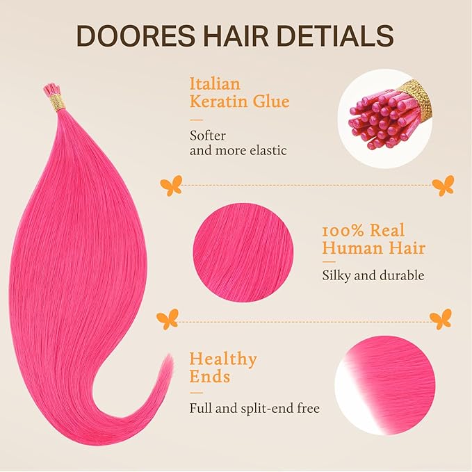 DOORES I Tip Hair Extensions, Hot Pink 16 Inch 25g/50s, Human Hair, Pink Human Hair Extensions