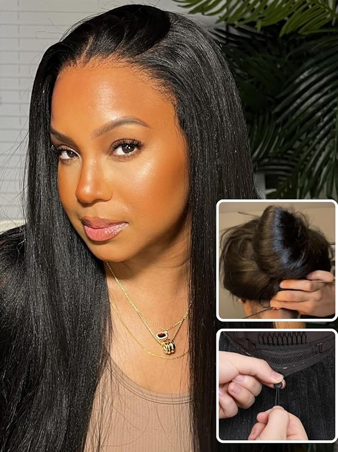 Nadula Bye Bye Knots Yaki Straight Glueless Wig Human Hair with Elastic Drawstring Pre Cut 7x5 Invisible Knots HD Lace Front Put on and Go Wigs Pre Everything Glueless Light Kinky Staight Wigs 16inch