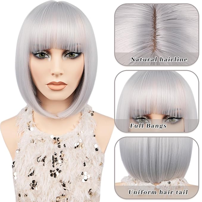 MAYSA Silver Bob Wig with Bangs Short Straight Bob Bangs Wig for Women Synthetic Cosplay Halloween Costume Wig 12in # Silver