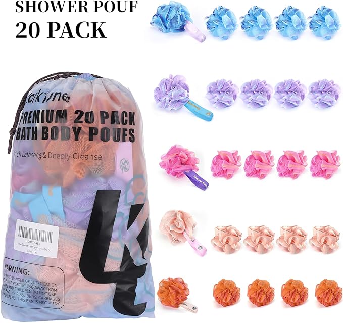 Mini Shower Loofah 20 Pack for Travel Portable Bath Sponge Puff Quick Lather Durable Mesh Gentle Exfoliation for All Ages Small Size Ideal for Home, Gym, or on The Go