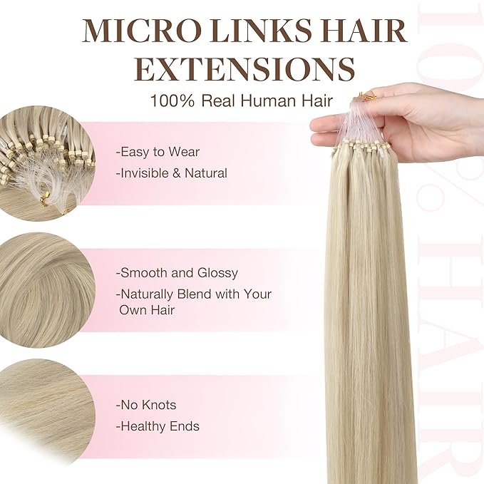 GOO GOO Micro Link Tip Hair Extensions Real Human Hair, 14inch 50g 50S, Invisible Remy Cold Fusion Micro Link Tip Hair Extensions, 17A/60A Ash Blonde Highlighted Platinum Blonde