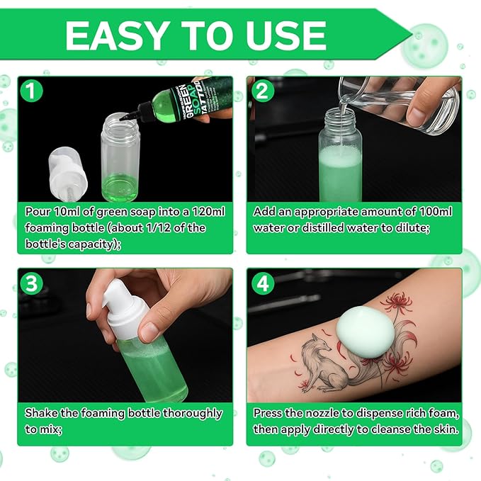 Green Soap Tattoo Concentrated 4OZ with Foaming Bottle 120ml, Tattoo Soap Supplies for Piercings and Clean Skin, Effective & Gentle