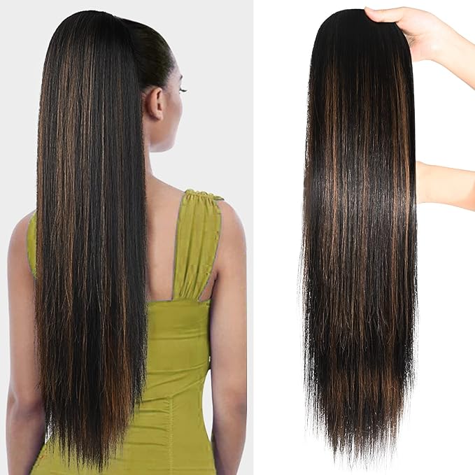 SEIKEA Ponytail Extensions Drawstring Long Straight Fake Pony Tail Natural Soft Clip in Hair Extension Synthetic Heat Resistant Hairpiece 28 Inch Ombre Black Roots Black Caramel Blonde Highlights