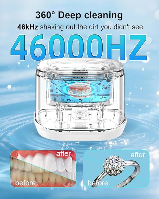 BCOM Retainer Cleaner,Ultrasonic Retainer Cleaner 46kHz Jewelry & Retainer Cleaner,2 in 1 Soinc Machine Dental Cleaning Pod Professional Portable for Retainer,Mouth Guard, Ring and Jewelry Xmas Gift