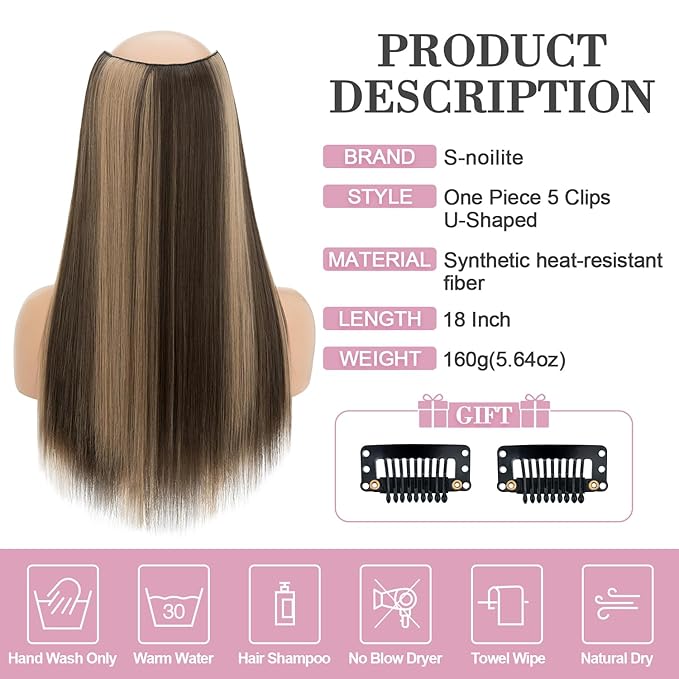 S-noilite One Piece Clip in Hair Extensions Balayage 18 Inch U-Shaped One Piece Weft Hair Extensions with 5 Clips Synthetic 3/4 Full Head Long Straight Clip in Hairpieces for Women,#8LP24L