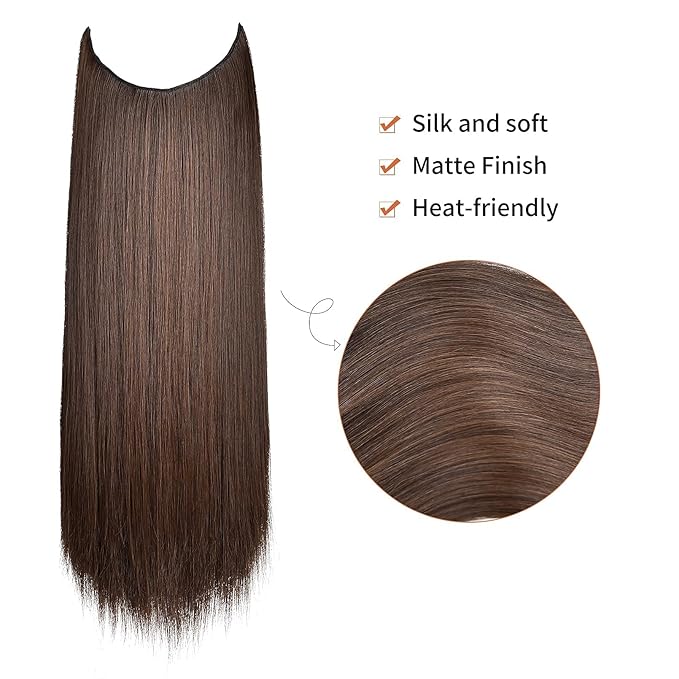 REECHO Invisible Wire Hair Extensions with Transparent Headband Adjustable Size Removable Secure Clips in Straight Secret Hairpiece for Women (16 Inch (Pack of 1), Dark Brown with Copper Highlights)